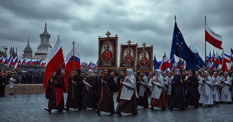 Polscy wierni w procesji religijnej z obrazami Matki Boskiej Częstochowskiej i Chrystusa Króla na tle rosyjskiego paradu wojskowego i flagi Unii Europejskiej, symbolizującymi duchową walkę.