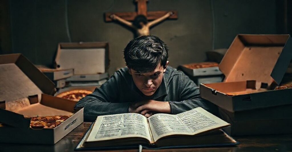 Młody człowiek walczący z obżarstwem, otoczony pustymi pudłami pizzy i emocjonalnym zamieszaniem, z subtelnym widokiem Jezusa na Krzyżu w tle.