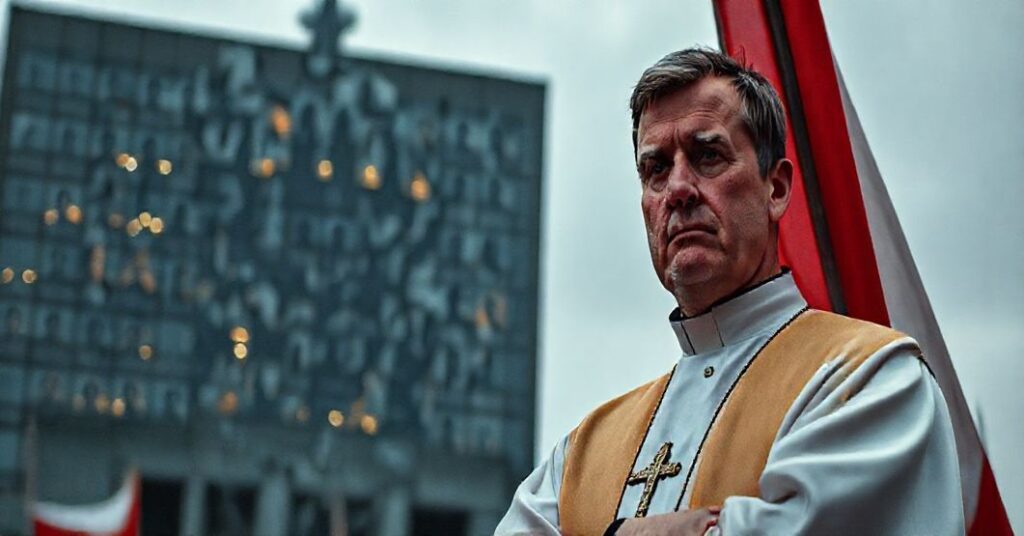 Ksiądz w tradycyjnym ornaty trzymający krucyfiks przed pękniętą flagą polskich barw, na tle budynku rządowego