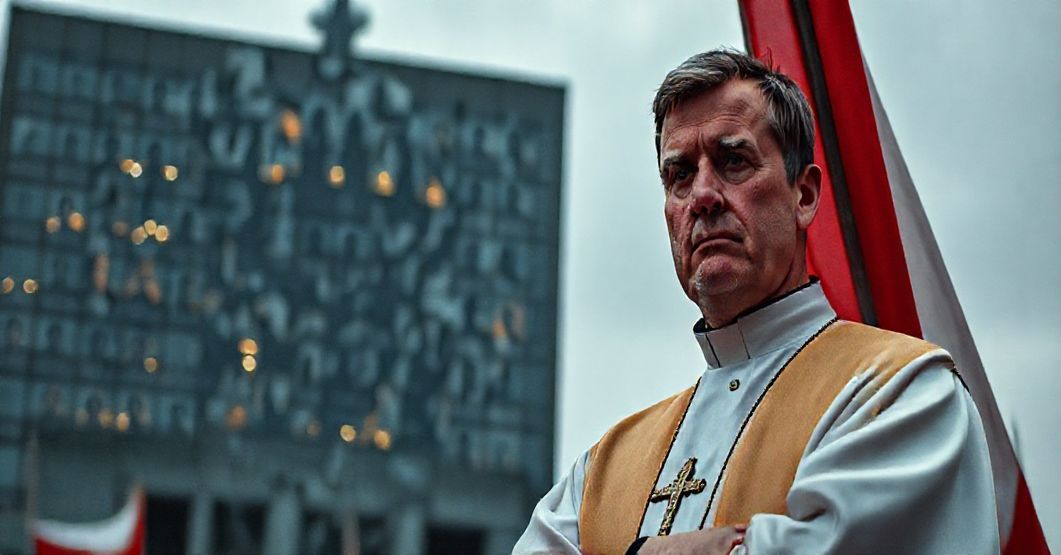 Ksiądz w tradycyjnym ornaty trzymający krucyfiks przed pękniętą flagą polskich barw, na tle budynku rządowego