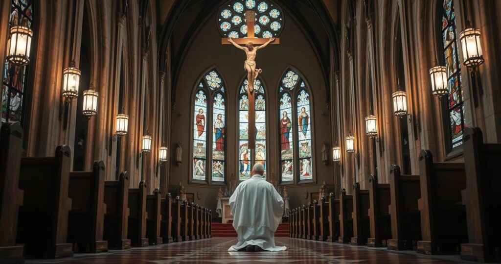 Fotografia realistycznego kościoła katolickiego z kapłanem modlącym się przed krzyżem, podkreślająca duchową głębię i tradycję religijną.