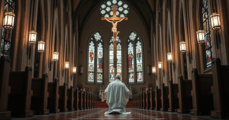 Fotografia realistycznego kościoła katolickiego z kapłanem modlącym się przed krzyżem, podkreślająca duchową głębię i tradycję religijną.