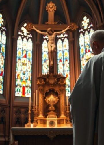 Duchowa modlitwa w tradycyjnym kościele katolickim Fotografia realistyczna duchownego katolickiego modlącego się w kościele przy krzyżu, wywołująca uczucie pokory i duchowej głębi