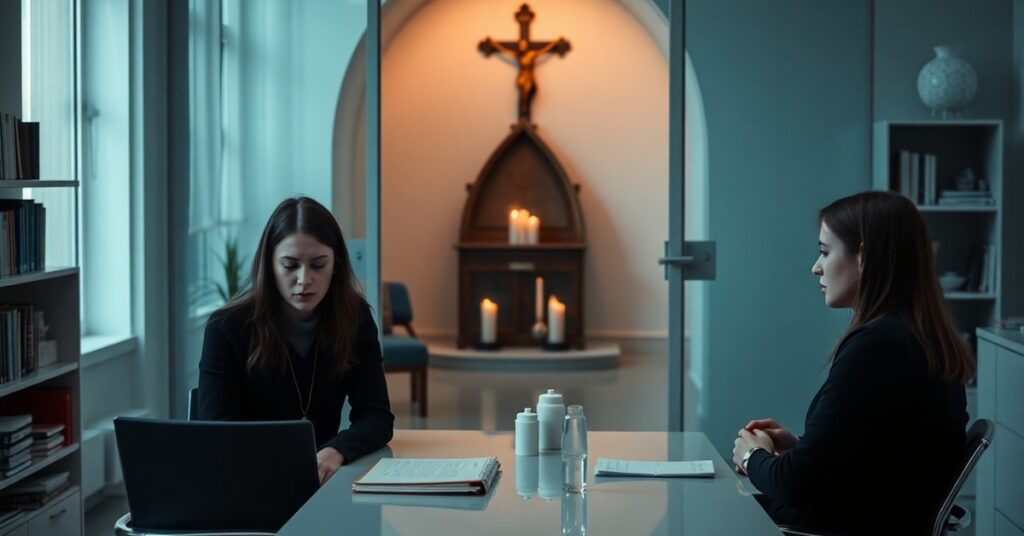 Trzej ludzie cierpiący z OCD w gabinecie psychoterapeuty z widokiem na kościół w tle - symbolizuje brak duchowego uzdrowienia w świecie bez Chrystusa