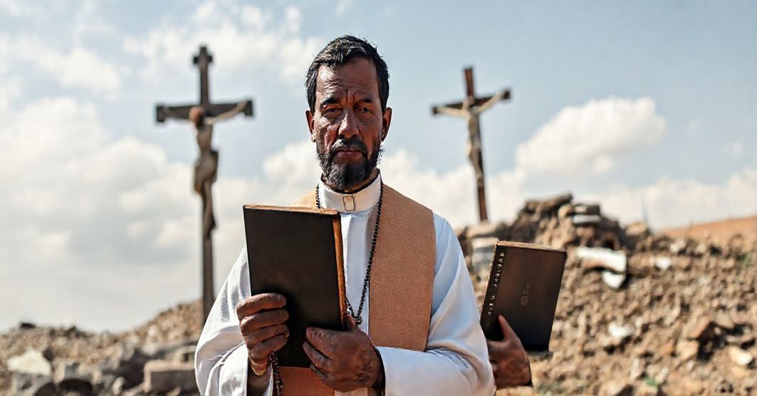 Katolicki ksiądz w tradycyjnych szatach stoi na zniszczonym terenie Tigraju, trzymając różaniec i Biblię, z krzyżem na tle. Obrazy przedstawiają duchową rozpacz i potrzebę prawdziwej konwersji.