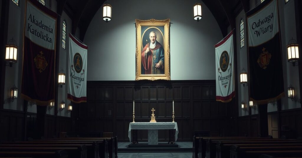 Wnętrze tradycyjnego kościoła z pustym ołtarzem otoczonego nowoczesnymi banerami 'Akademia Katolicka' i 'Odwaga wiary', symbolizujące duchowe bankructwo sektora posoborowego.