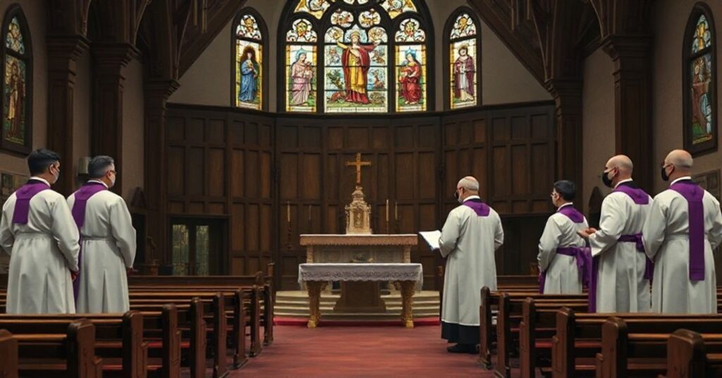 Pusty ołtarz w zaniedbanym kościele z grupą nowoczesnych "księży" patrzących na dokument urzędowy.