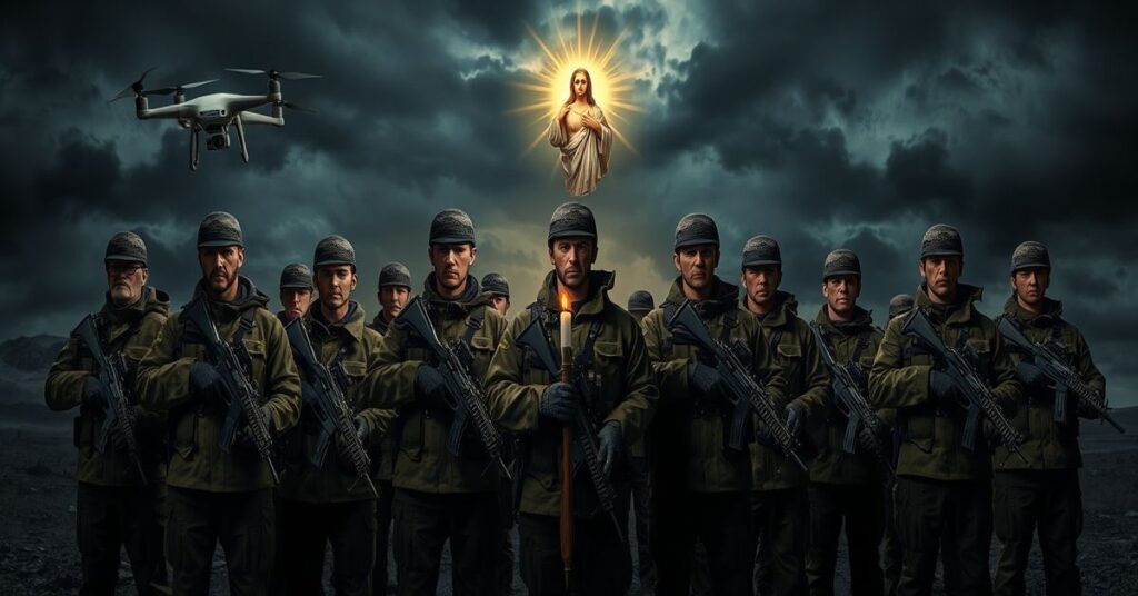 Rezerwisci fińscy z bronią i dronami na tle burzowego nieba i słabo widocznego Serca Jezusowego