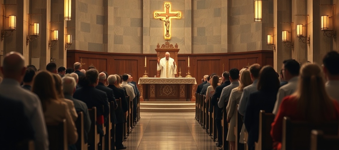 Scena z kaliskiej homilii „biskupa” Damiana Bryla podczas wigilii Zesłania Ducha Świętego w parafii Świętej Rodziny. Modernistyczny styl bez odniesienia do Chrystusa Króla czy sakramentów.