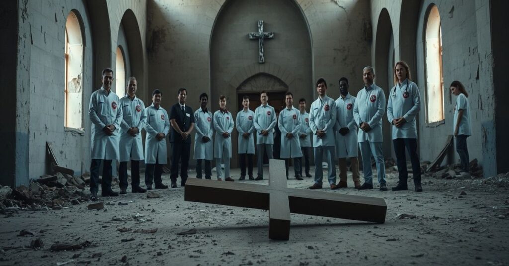 Ruiny kościoła symbolizujące duchowe bankructwo współczesnego humanitaryzmu