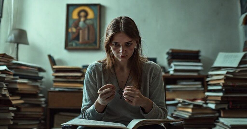 Katarzyna Kasia siedzi samotnie w ciemnym pokoju pełnym książek i dokumentów, wygląda na głęboko zazdrosną. Scena odzwierciedla temat artykułu o duchowym bankructwie i iluzji absolutnej wolności. Przytrzymuje swój medalik z krzyżykiem, symbolizujący jej utracone wiarę, podczas gdy blaknący ikona religijna wisząca na ścianie za nią. Pokój jest zdewastowany przez współczesne rozpraszacze kontrastujące z sakralnymi symbolami, podkreślając krytykę artykułu wobec współczesnego indywidualizmu i odrzucenie boskiego porządku. Oświetlenie jest naturalistyczne ale przygaszone, rzucając cienie odzwierciedlające jej wewnętrzny kryzys.