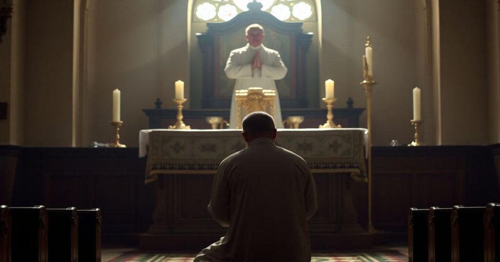Przykładowe zdjęcie przedstawiający samotnego księdza w modlitwie przed tradycyjnym ołtarzem kościelnym z wyraźnym podkreśleniem pustki duchowej.