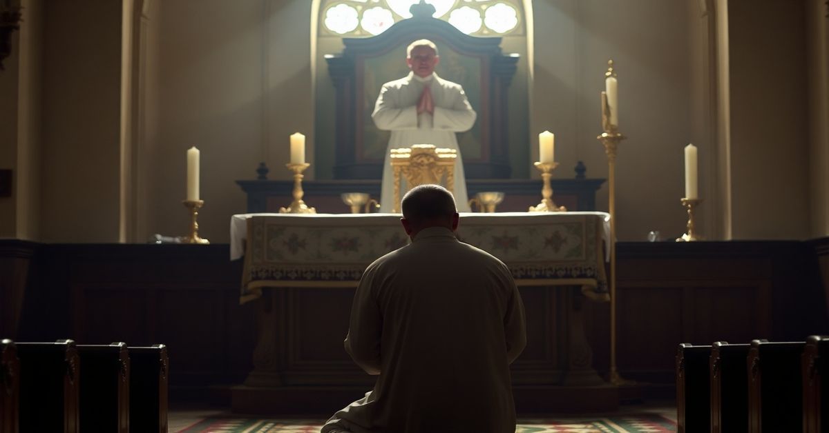 Przykładowe zdjęcie przedstawiający samotnego księdza w modlitwie przed tradycyjnym ołtarzem kościelnym z wyraźnym podkreśleniem pustki duchowej.