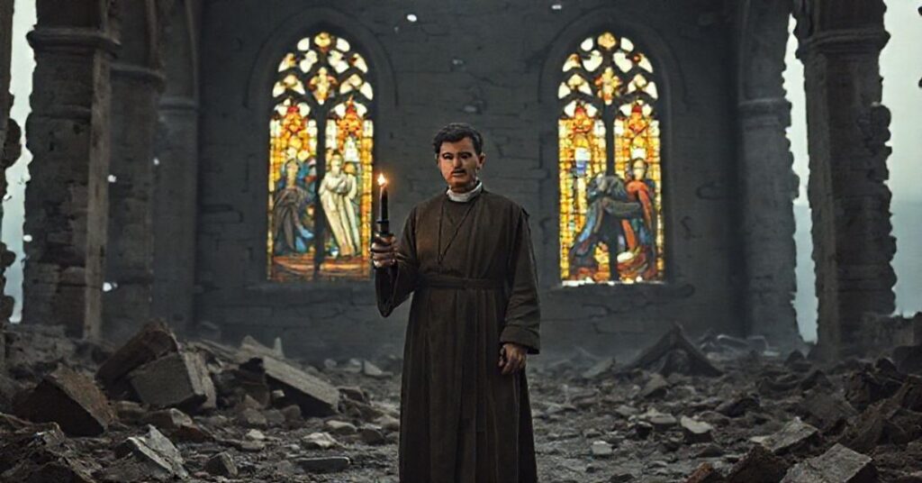 Osoba w tradycyjnych ubraniach stoi w ruinach kościoła, trzymając zapaloną świecę.