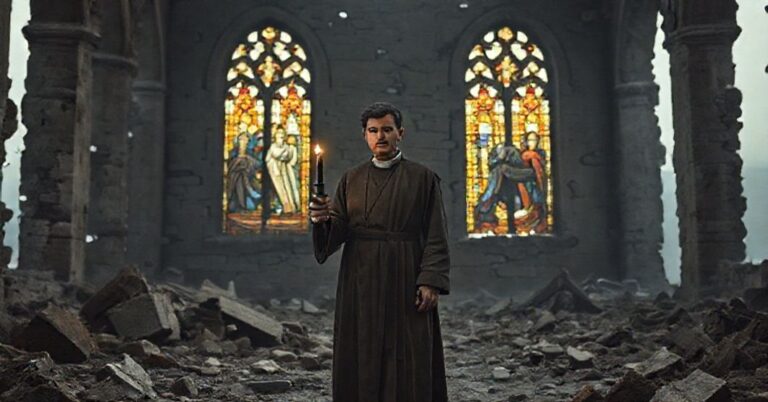 Osoba w tradycyjnych ubraniach stoi w ruinach kościoła, trzymając zapaloną świecę.