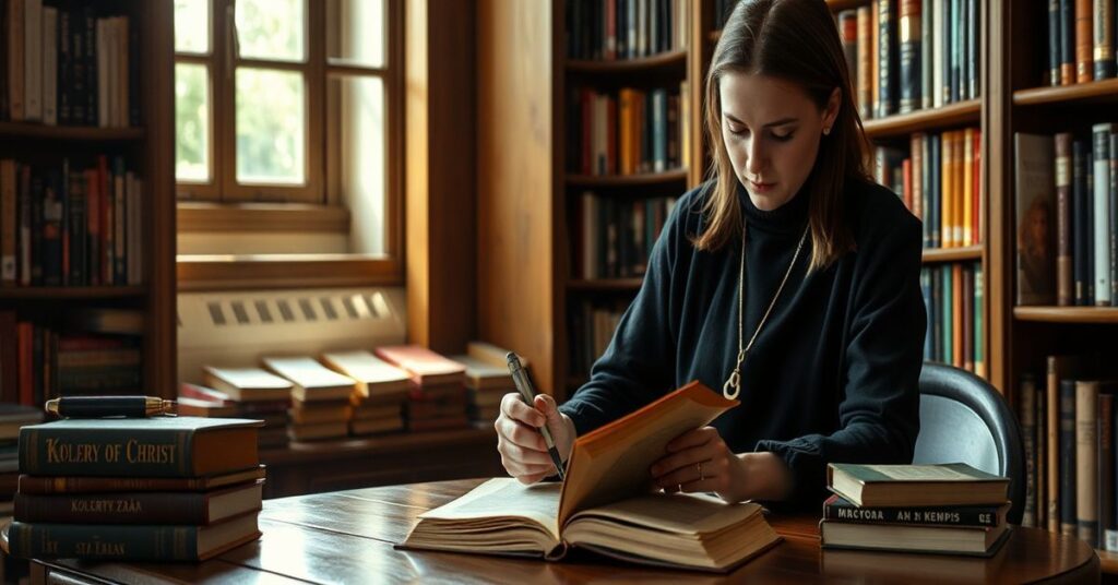 Młody czytelnik w tradycyjnej bibliotece katolickiej wybiera klasyczną literaturę duchową nad nowoczesną sekularną prozą