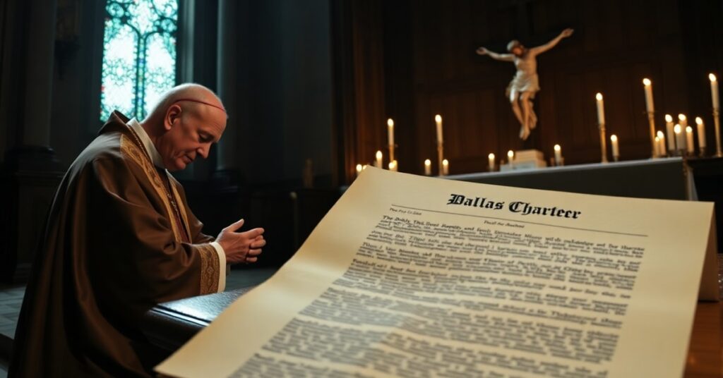 Biskup w tradycyjnych szatach liturgicznych modli się przed krzyżem w ciemnej kaplicy, symbolizując duchowe bankructwo nowoczesnych reform kościelnych.
