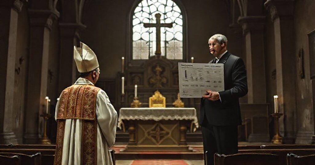 Tradycyjny ksiądz modli się przed pustym tabernakulum podczas gdy modernistyczny urzędnik prezentuje raport finansowy