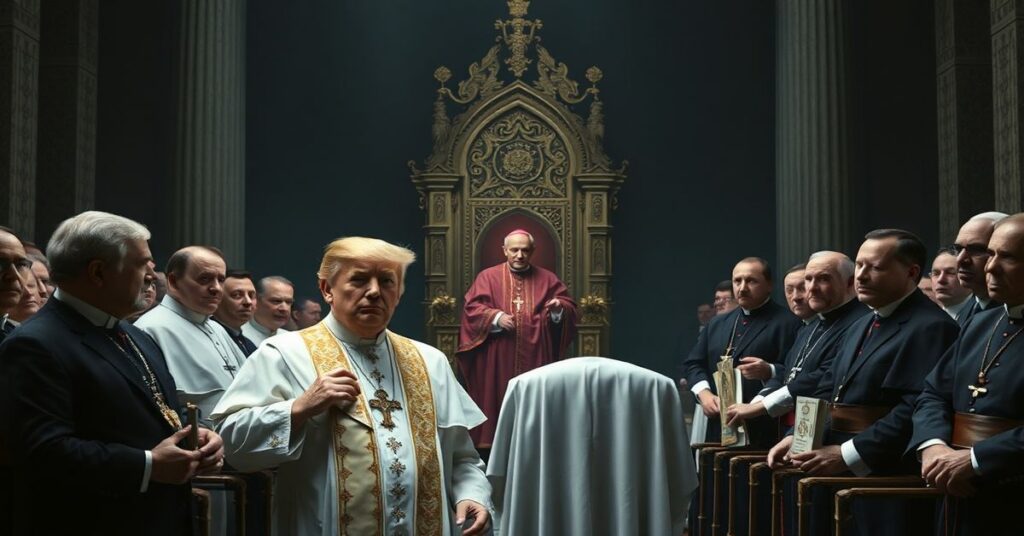 Scena katolicka przedstawiająca Donalda Trumpa jako 'pijanego króla' i Roberta Prevosta jako fałszywego 'trzeźwego pasterza' przed modernistycznym Watykanem w otoczeniu światowych przywódców.