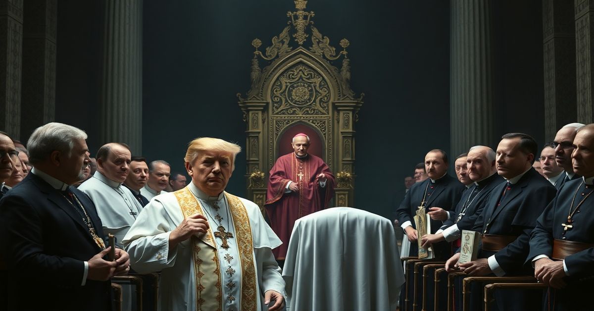 Scena katolicka przedstawiająca Donalda Trumpa jako 'pijanego króla' i Roberta Prevosta jako fałszywego 'trzeźwego pasterza' przed modernistycznym Watykanem w otoczeniu światowych przywódców.