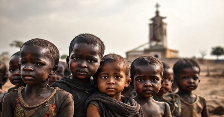 Dzieci w ubóstwie z afrykańskich i azjatyckich krajów, widziane w tradycyjnym katolickim kontekście duchowej nędzy