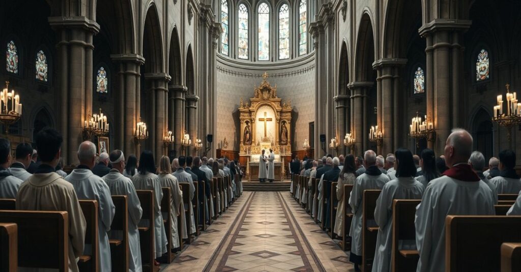 Wnętrze katedry w Gliwicach podczas Wielkiego Tygodnia z biskupami Sławomirem Oderem i Andrzejem Iwanickim prowadzącymi nowus ordowską liturgię pozbawioną łaski