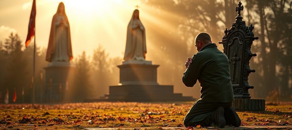 Kneeling Polish soldier in prayer before the Black Madonna of Częstochowa, symbolizing spiritual defense over Poland.