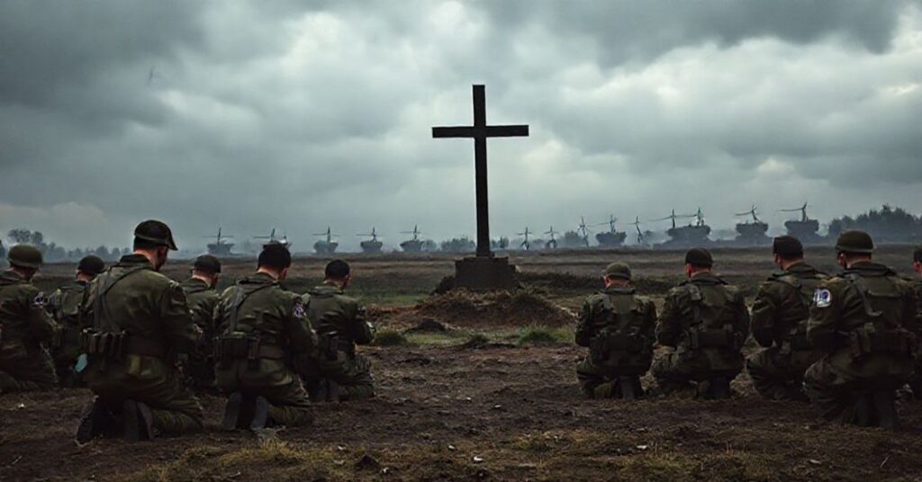 Polscy święciżnicy modlący się przed krzyżem bojowym na tle modernistycznych instytucji wojskowych