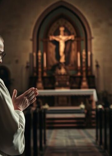 Duchowe cierpienie w Afganistanie - obraz katolickiej refleksji Kapłan katolicki modlący się w zniszczonym kościele, symbolizujący duchowe cierpienie i milczenie Kościoła wobec tragedii w Afganistanie