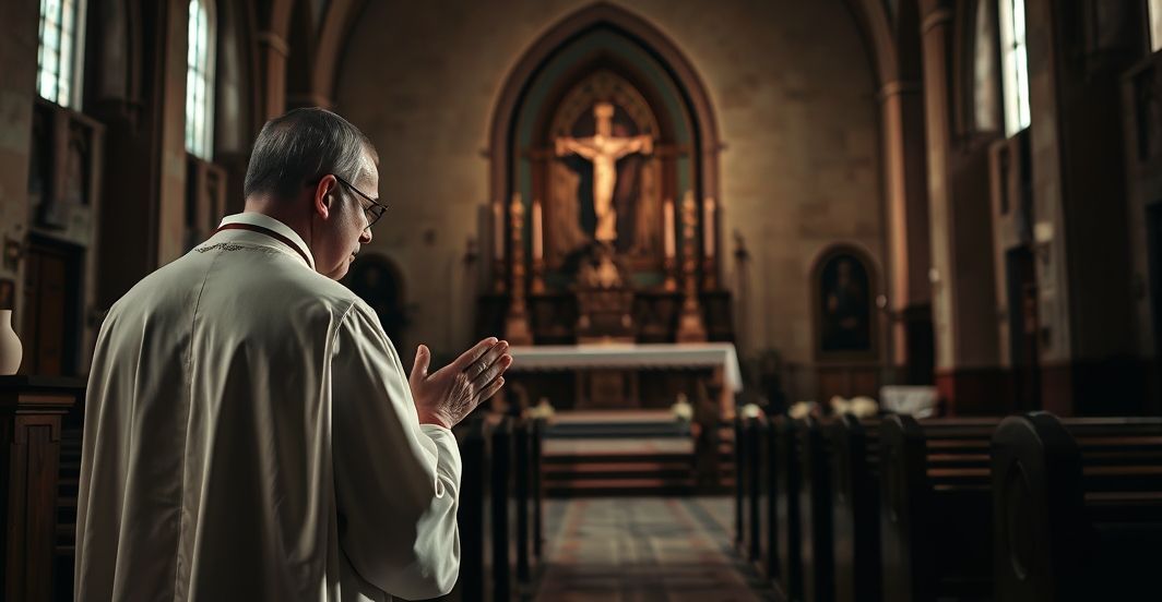 Duchowe cierpienie w Afganistanie - obraz katolickiej refleksji Kapłan katolicki modlący się w zniszczonym kościele, symbolizujący duchowe cierpienie i milczenie Kościoła wobec tragedii w Afganistanie