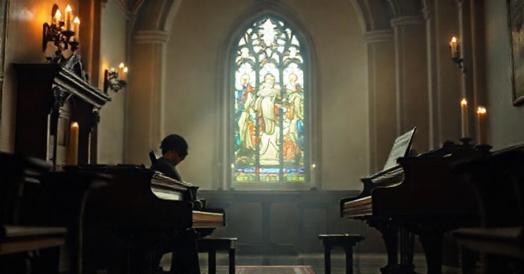 Pochylony muzykant gra Chopina w tradycyjnej kaplicy katolickiej z witrażem ze św. Józefem na tle. Scena podkreśla duchowy wymiar muzyki Chopina.