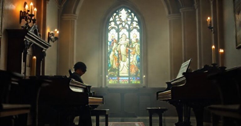 Pochylony muzykant gra Chopina w tradycyjnej kaplicy katolickiej z witrażem ze św. Józefem na tle. Scena podkreśla duchowy wymiar muzyki Chopina.