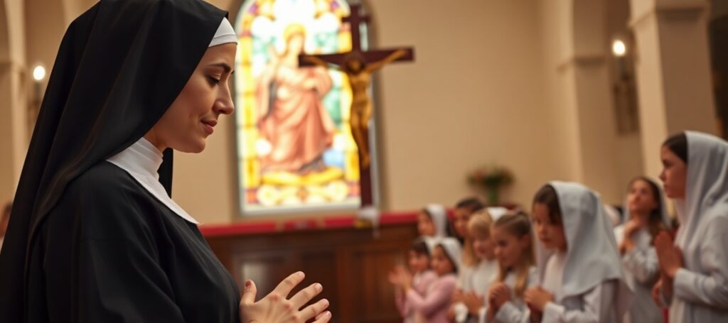Siedząc w kaplicy z oknem witrażowym przedstawiającym Chrystusa Króla, zakonnica w czarnej sukni i welonie patrzy na grupę dzieci modlącego się na kolanach.
