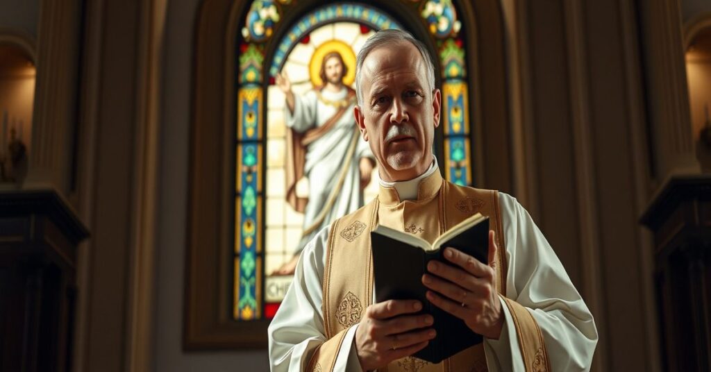 Ksiądz w tradycyjnym habitacie stoi przy ambonie z Biblią w ręku przed witrażem przedstawiającym Chrystusa Króla. Scena symbolizuje duchową perspektywę na konflikty geopolityczne.