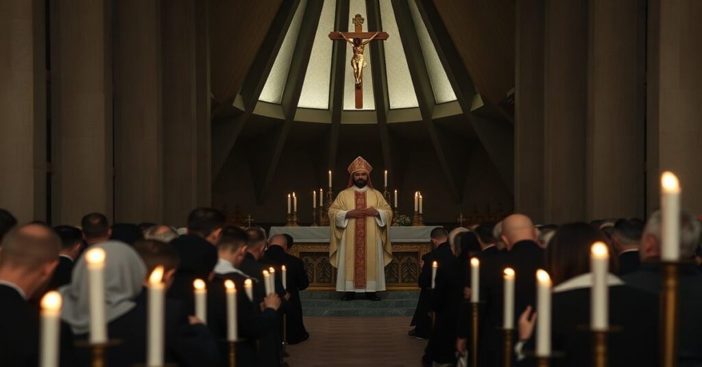 Grupa wiernych w modlitwie w tradycyjnych strojach katolickich w Sanktuarium Bożego Miłosierdzia w Krakowie-Łagiewnikach; sedewakantystowski ksiądz w szatach liturgicznych przy ołtarzu z krzyżem; atmosferę pesymizmu i duchowej pustki.