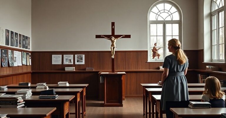 Pusty stół z krzyżykiem w klasie szkolnej z nowoczesnymi podręcznikami promującymi ideologię gender. Stara nauczycielka stoi z przodu, podczas gdy młoda dziewczynka patrzy smutno przez okno.