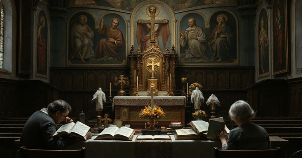 Obraz przedstawiający tradycyjny ołtarz katolicki zdominowany przez heretyckie książki modernistycznych autorów w porównaniu z pominiętymi dziełami świętych. Scena pokazuje zaniepokojoną katolicką rodzinę czytającą te książki na tle przygaszonego wnętrza kościoła.