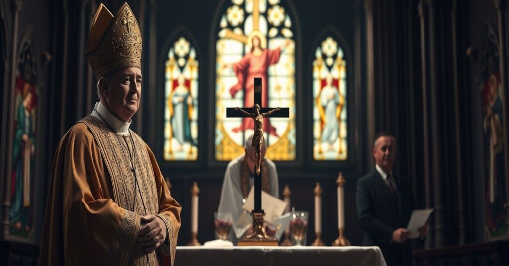 Tradycyjny biskup katolicki przed ołtarzem z krzyżem, tło katedra z witrażami Chrystusa Króla i politycznymi przywódcami.