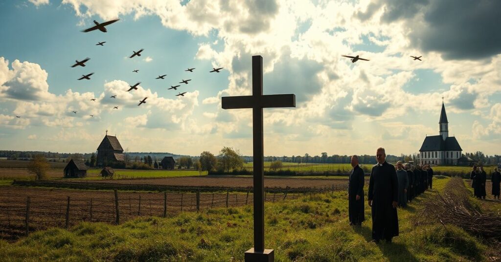 Tradycyjna polska krainobraz z tajemniczymi przedmiotami latającymi nad granicą, obserwowanymi przez zaniepokojonych wieśniaków i duchowieństwo. Scena podkreśla napięcie i duchową niepokój, z widocznym krzyżem na pierwszym planie i odległym kościelnym wieżyczką.