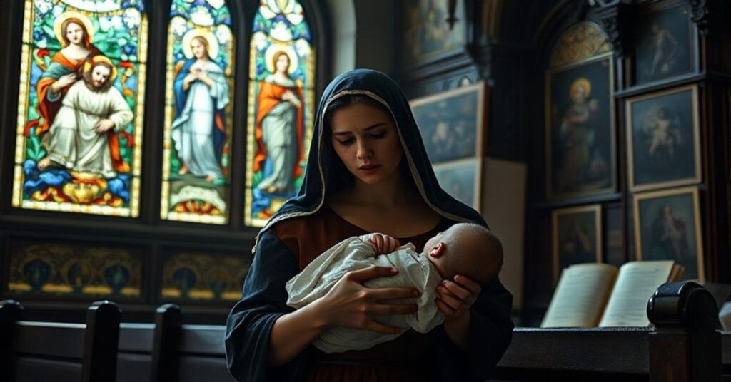 Matka trzymająca niemowlę w tradycyjnym kościele katolickim, symbolizujące błędne interpretacje Wcielenia