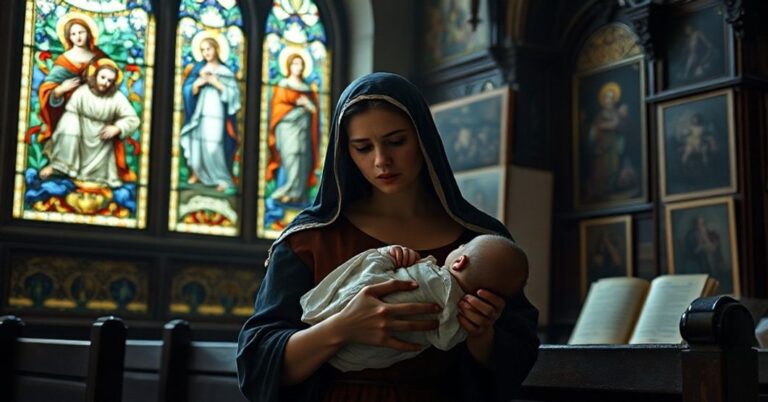 Matka trzymająca niemowlę w tradycyjnym kościele katolickim, symbolizujące błędne interpretacje Wcielenia