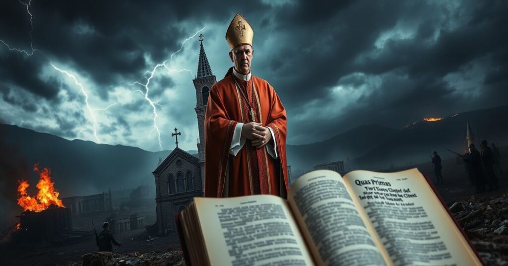 Biskup w katolickim stroju stojący przed ruinami kościoła podczas burzy, symbolizując duchowe zaślepienie współczesnych mediów katolickich wobec prawdziwego męczeństwa