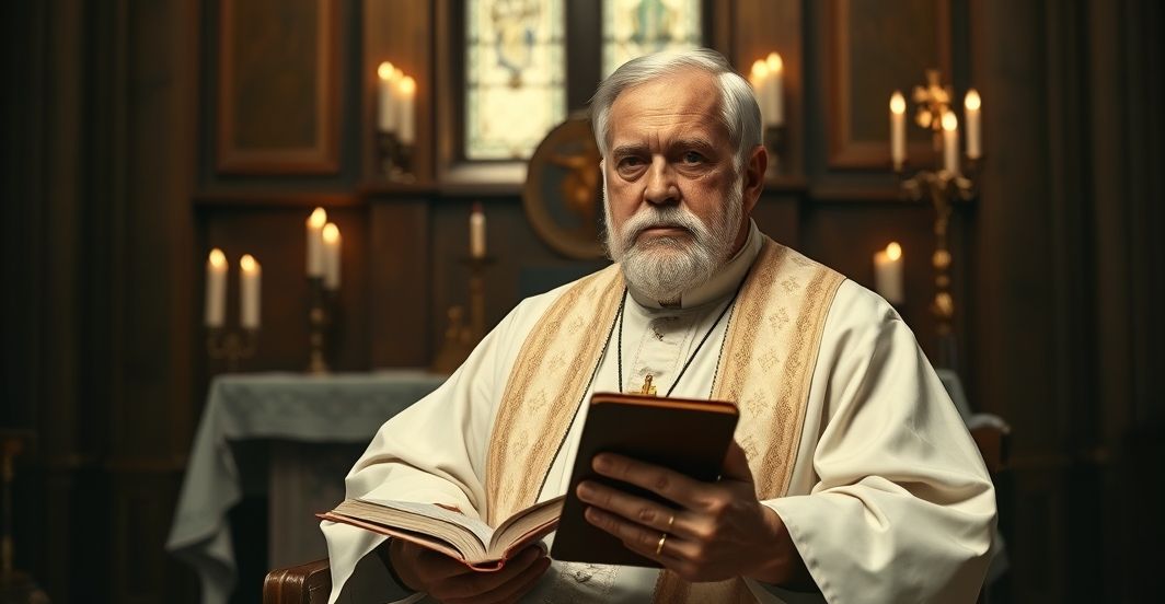 Duchown katolicki w tradycyjnym strojniku na tle ołtarza, wyraz powagi i refleksji, symbolizujący krytykę współczesnej dekadencji kulturowej i sztuki przeciwko nauczaniu Kościoła