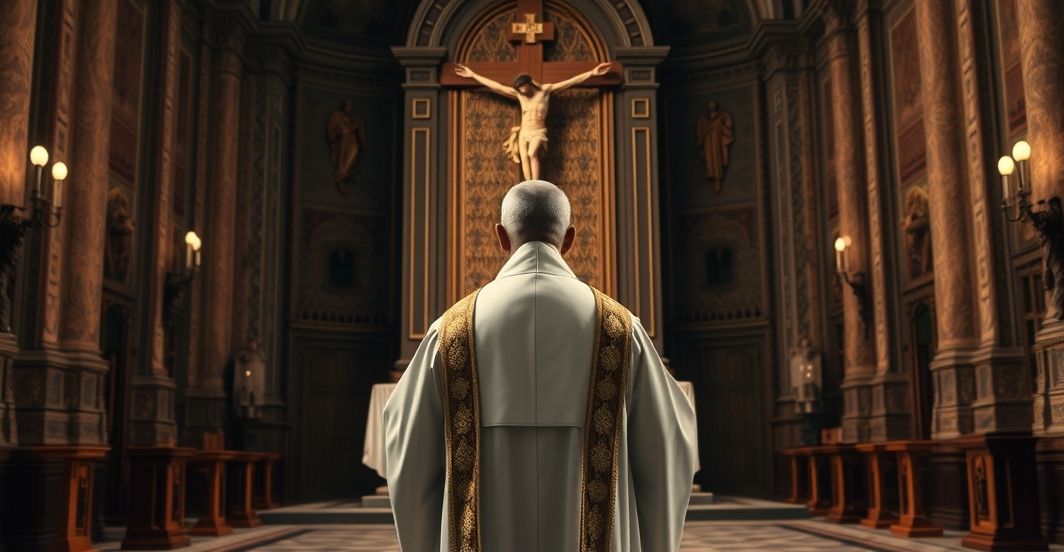 Duchown katolicki w tradycyjnym ornacie, w poważnej postawie przed ołtarzem z krucyfiksem, w historycznym wnętrzu kościoła, wyrażający powagę i wierność doktrynie.