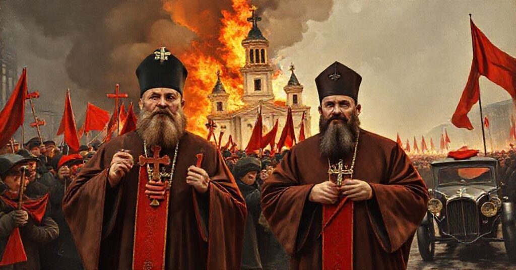 Tradycyjne katolickie przedstawienie prawosławnych duchownych Georgija Gapona i Grigorija Pietrowa podczas rewolucji 1905 roku w Petersburgu. Znaleźli się oni przed tłumem robotników z czerwonymi sztandarami zamiast krzyży.