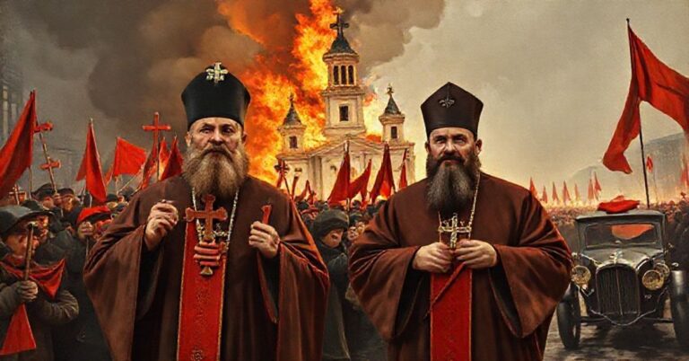 Tradycyjne katolickie przedstawienie prawosławnych duchownych Georgija Gapona i Grigorija Pietrowa podczas rewolucji 1905 roku w Petersburgu. Znaleźli się oni przed tłumem robotników z czerwonymi sztandarami zamiast krzyży.