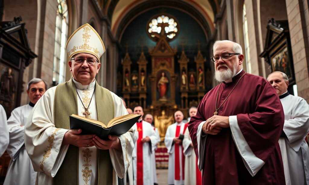 Grupa duchownych w kościele Najświętszego Zbawiciela w Warszawie podczas homilii abp Tadeusza Wojdy SAC.