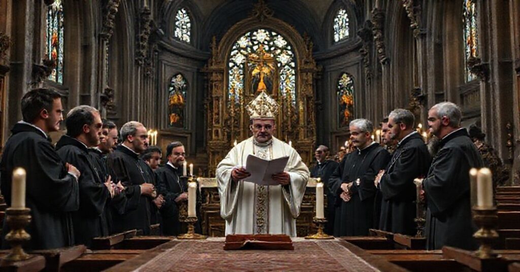 Wnętrze kościoła z tradycyjnym ołtarzem, ukazujące grupę duchownych pod przewodnictwem biskupa Sławomira Odra i ks. Grzegorza Strzelczyka podczas dyskusji na temat kontrowersyjnej komisji ds. nadużyć seksualnych.