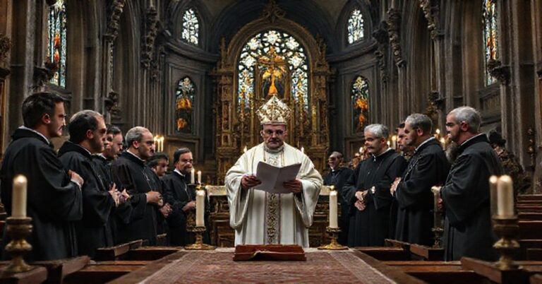 Wnętrze kościoła z tradycyjnym ołtarzem, ukazujące grupę duchownych pod przewodnictwem biskupa Sławomira Odra i ks. Grzegorza Strzelczyka podczas dyskusji na temat kontrowersyjnej komisji ds. nadużyć seksualnych.