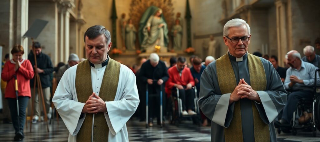 Dwóch amerykańskich duchownych modli się w grocie w Lourdes